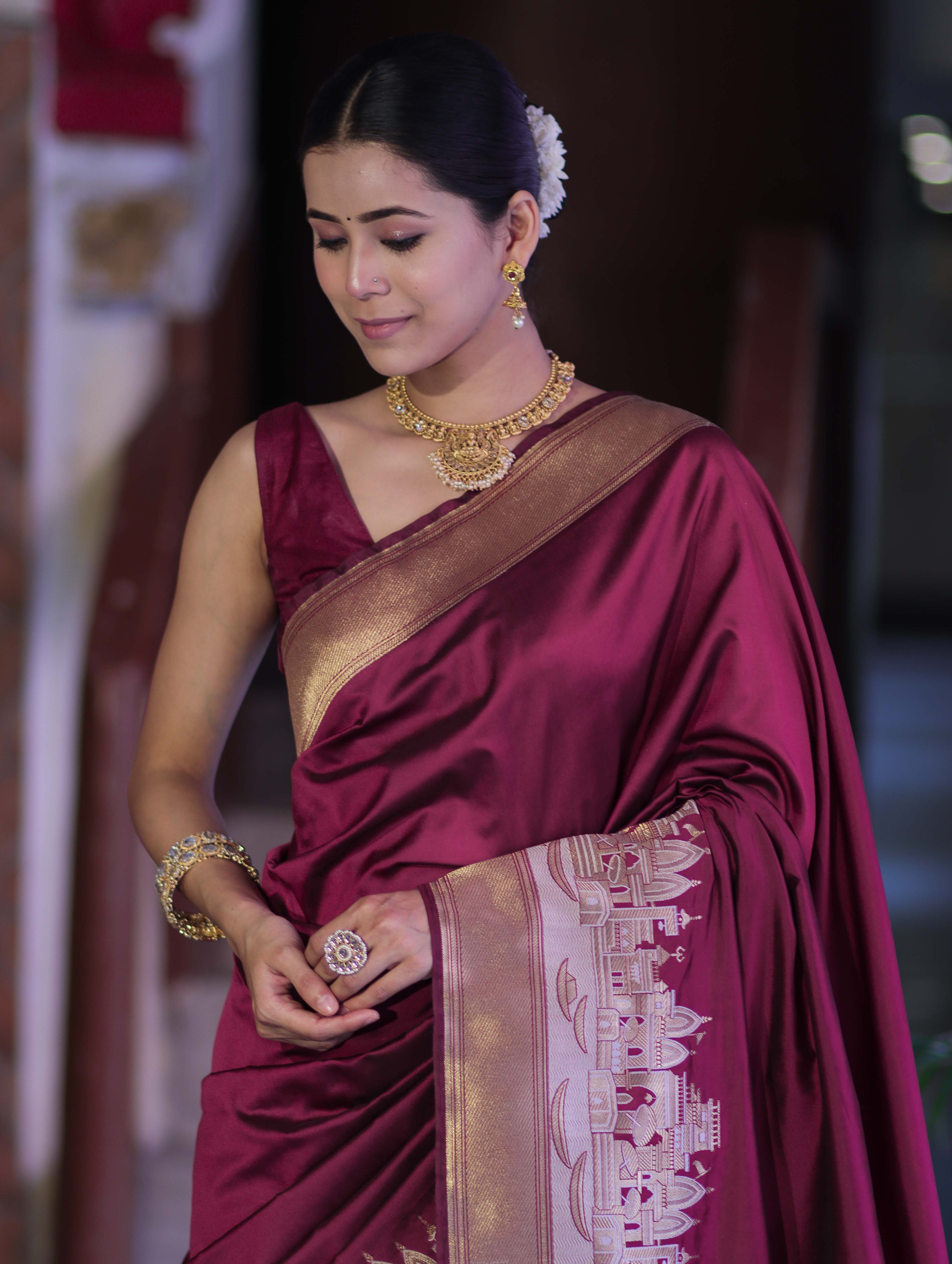 Banarasee Handloom Plain Semi Katan Saree With Ganga Ghat Zari Border-Burgundy