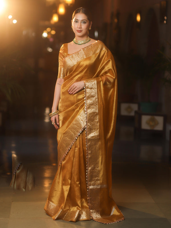 Banarasee Handwoven Plain Tissue Saree With Zari Border & Lace-Gold
