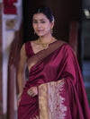 Banarasee Handloom Plain Semi Katan Saree With Ganga Ghat Zari Border-Burgundy