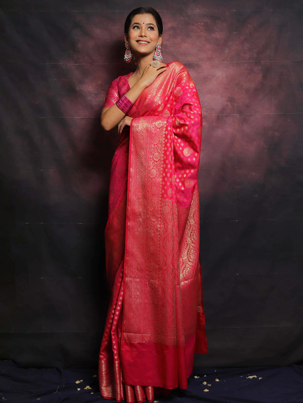 Banarasee Handwoven Semi Silk Saree With Zari Buti Design-Pink