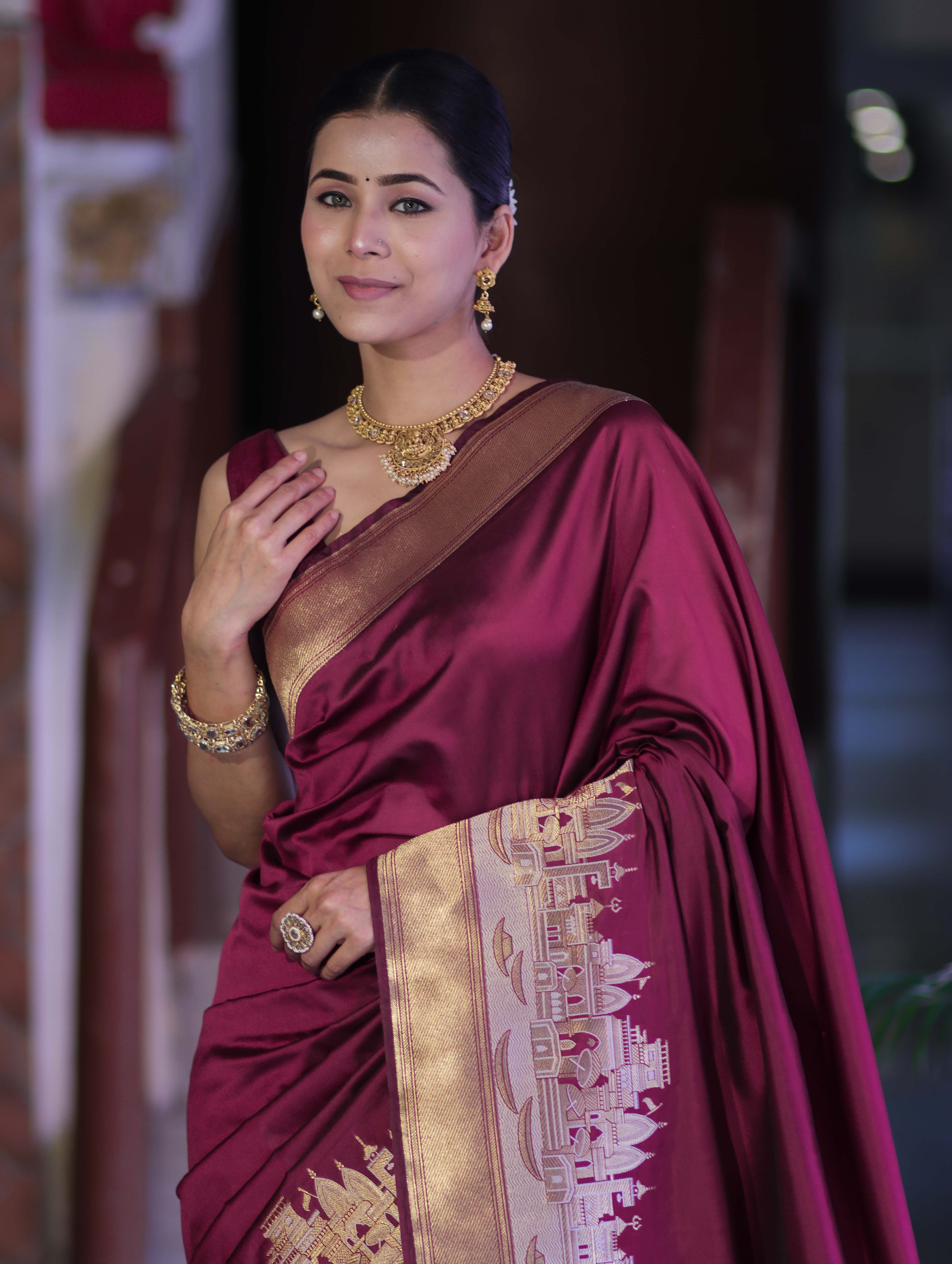 Banarasee Handloom Plain Semi Katan Saree With Ganga Ghat Zari Border-Burgundy