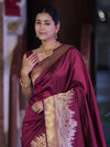 Banarasee Handloom Plain Semi Katan Saree With Ganga Ghat Zari Border-Burgundy