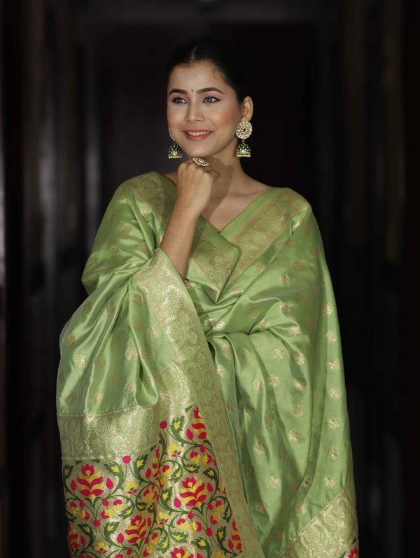 Banarasee Semi-Silk Zari & Resham Work Salwar Kameez Fabric With Dupatta Set-Light Green