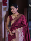Banarasee Handloom Plain Semi Katan Saree With Ganga Ghat Zari Border-Burgundy