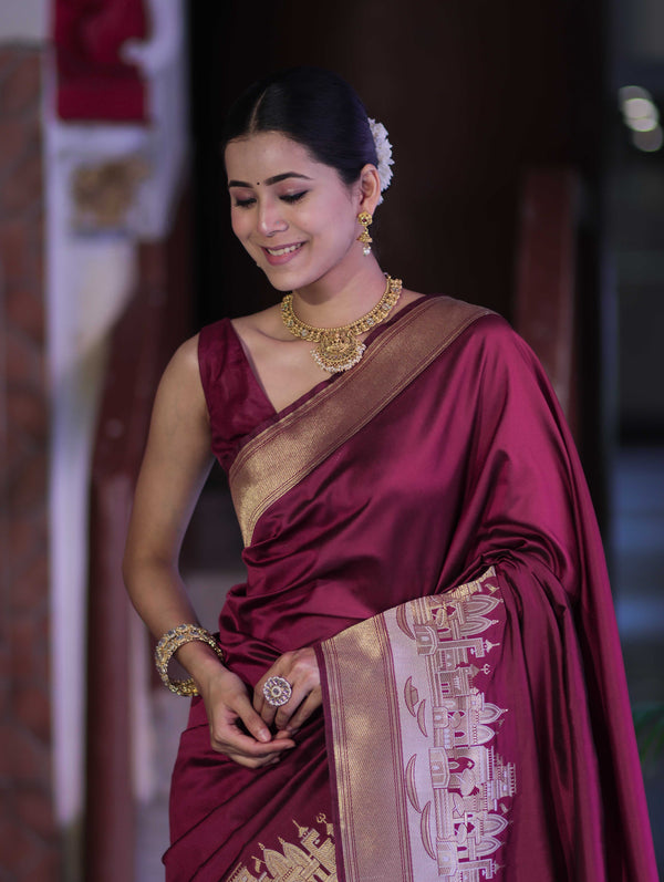 Banarasee Handloom Plain Semi Katan Saree With Ganga Ghat Zari Border-Burgundy