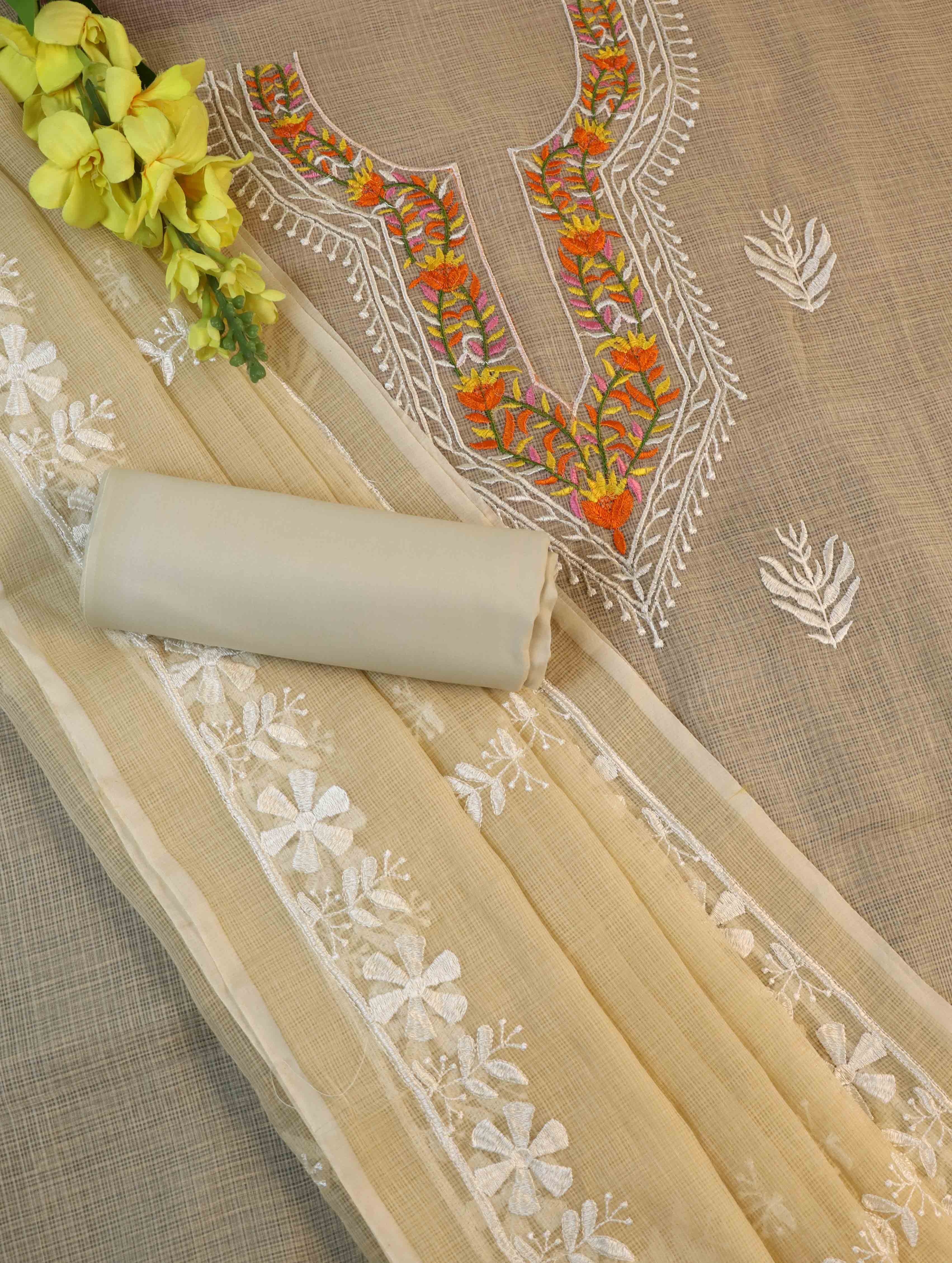Banarasee Kota Doria Hand-Embroidered Salwar Kameez Dupatta Set-Beige