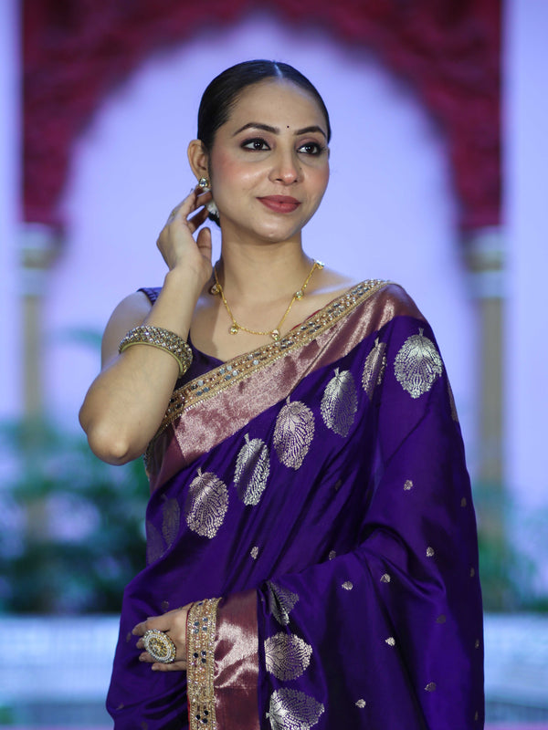 Banarasee Handloom Semi Silk Saree With Sona Rupa Zari Buti Design & Lace Border-Violet
