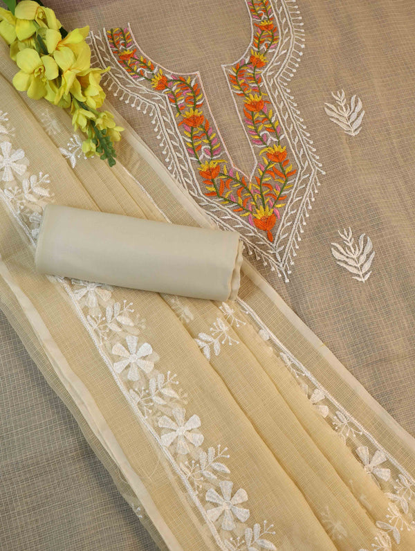 Banarasee Kota Doria Hand-Embroidered Salwar Kameez Dupatta Set-Beige