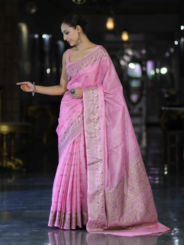 Banarasee Handwoven Pure Tussar Saree With Woven Resham Design-Light Pink
