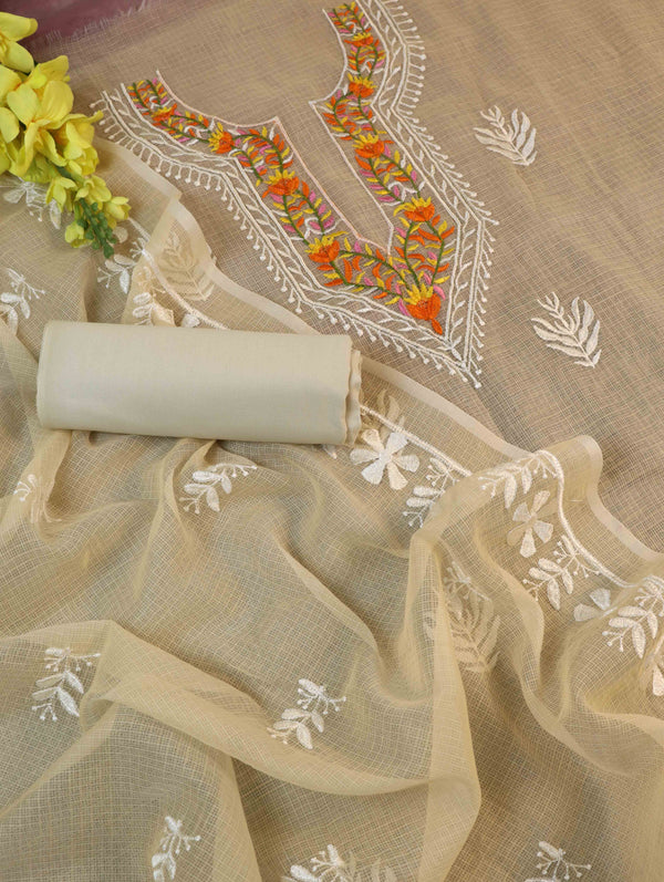 Banarasee Kota Doria Hand-Embroidered Salwar Kameez Dupatta Set-Beige
