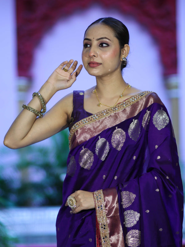 Banarasee Handloom Semi Silk Saree With Sona Rupa Zari Buti Design & Lace Border-Violet