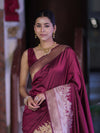 Banarasee Handloom Plain Semi Katan Saree With Ganga Ghat Zari Border-Burgundy