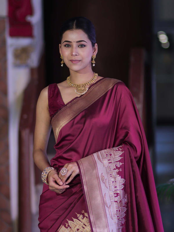 Banarasee Handloom Plain Semi Katan Saree With Ganga Ghat Zari Border-Burgundy