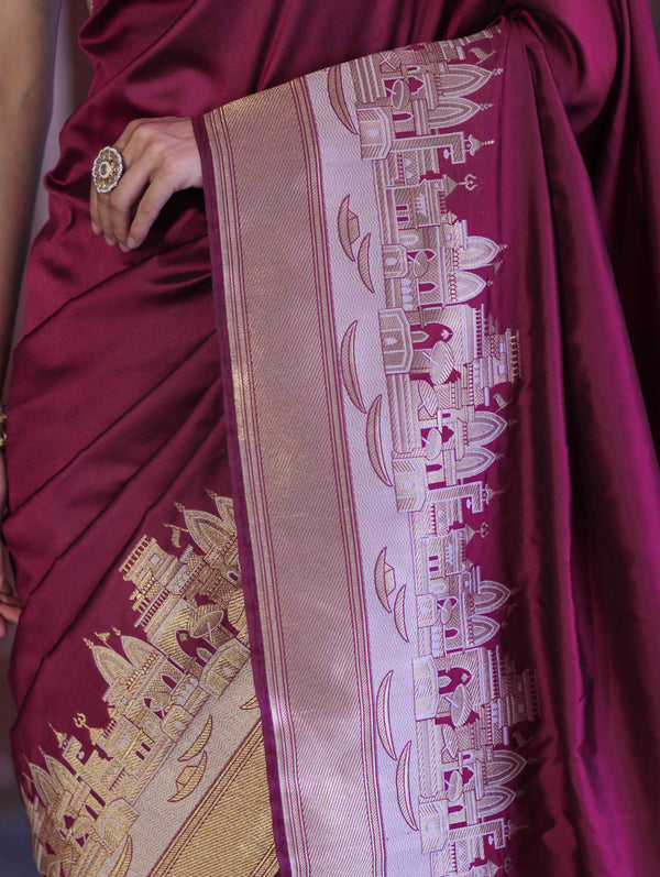 Banarasee Handloom Plain Semi Katan Saree With Ganga Ghat Zari Border-Burgundy