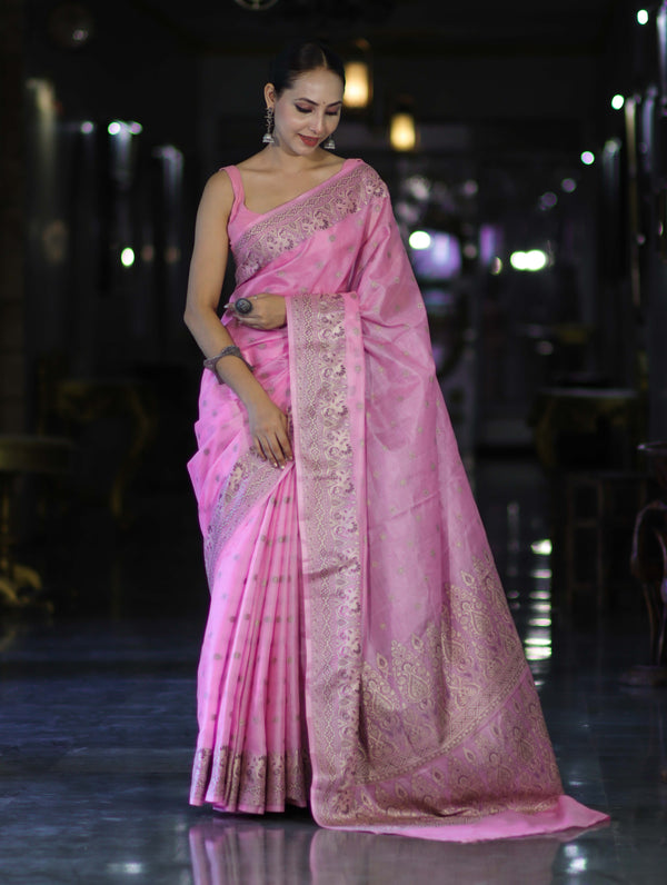 Banarasee Handwoven Pure Tussar Saree With Woven Resham Design-Light Pink