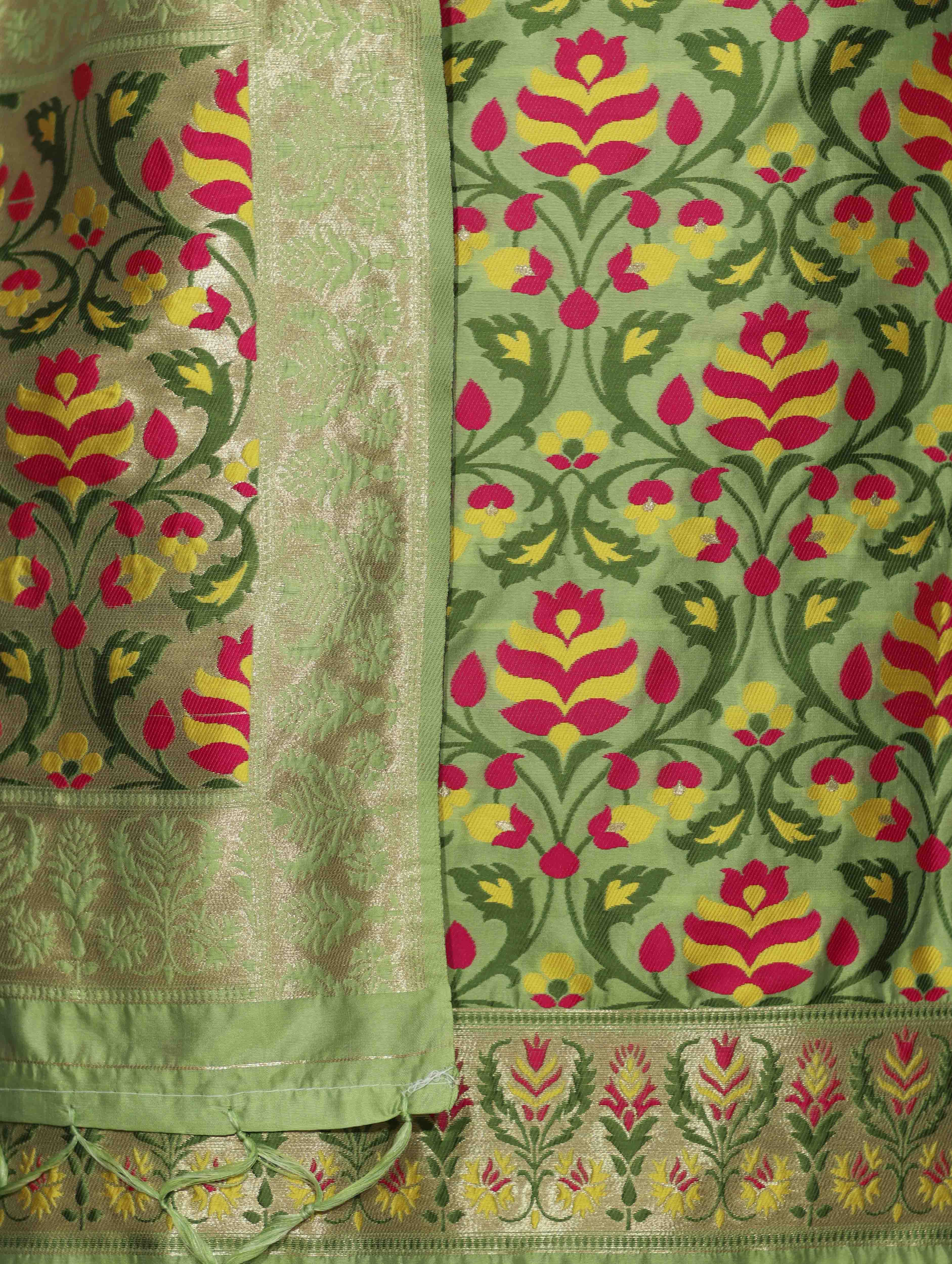 Banarasee Semi-Silk Zari & Resham Work Salwar Kameez Fabric With Dupatta Set-Light Green