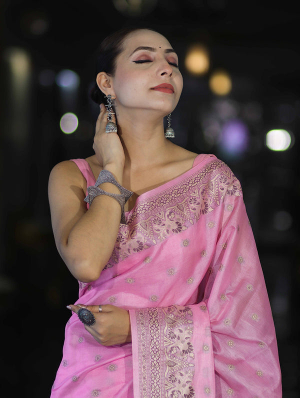 Banarasee Handwoven Pure Tussar Saree With Woven Resham Design-Light Pink