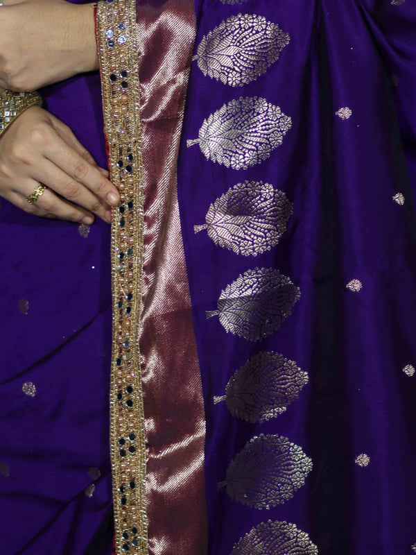 Banarasee Handloom Semi Silk Saree With Sona Rupa Zari Buti Design & Lace Border-Violet