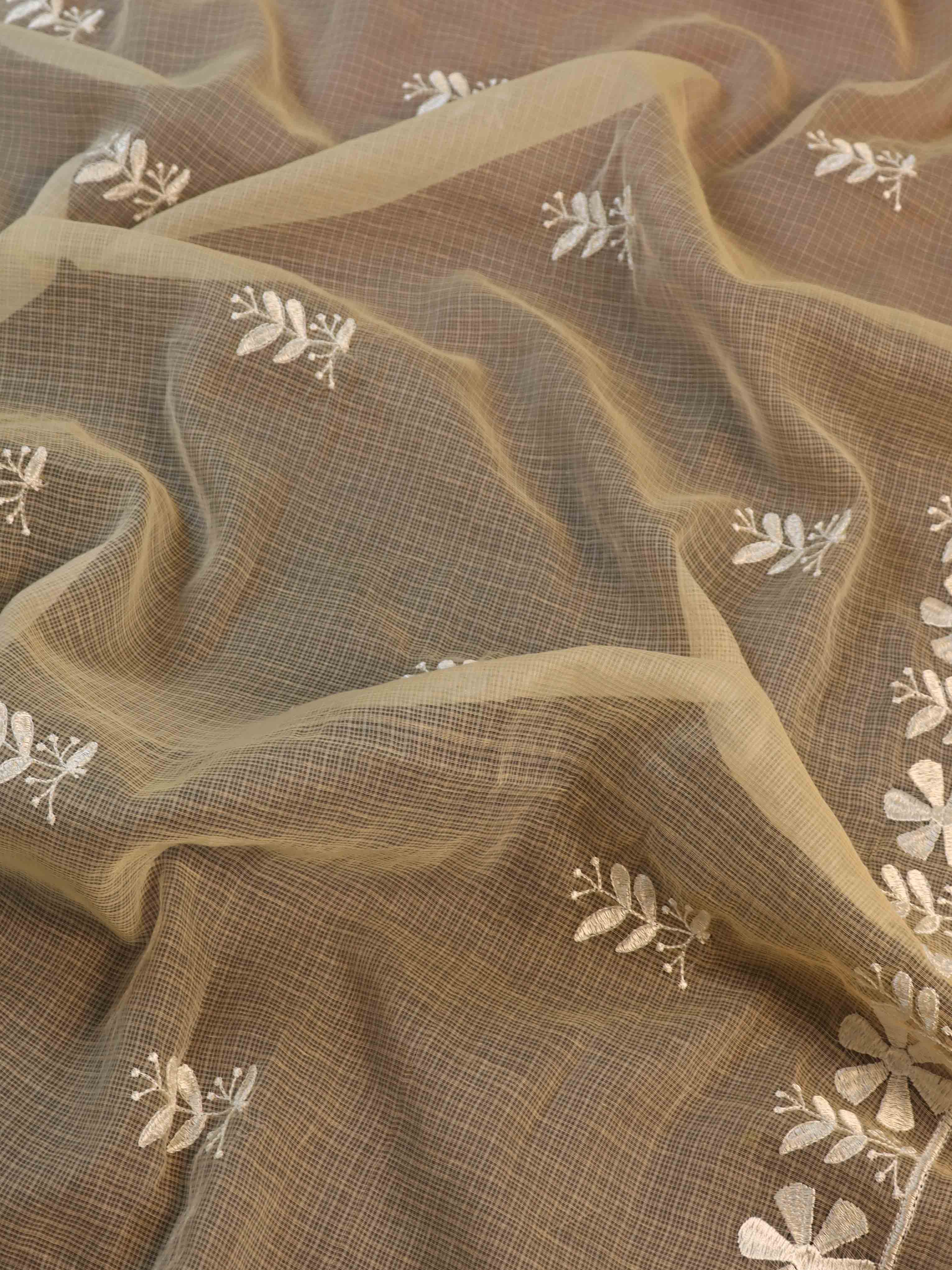 Banarasee Kota Doria Hand-Embroidered Salwar Kameez Dupatta Set-Beige