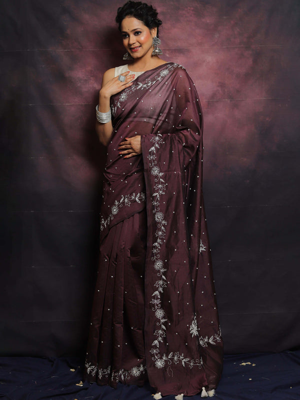 Banarasee Chanderi Cotton Hand-Embroidered Saree-Wine