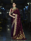 Banarasee Mashru Silk Saree With Zari Embroidery & Floral Border-Wine