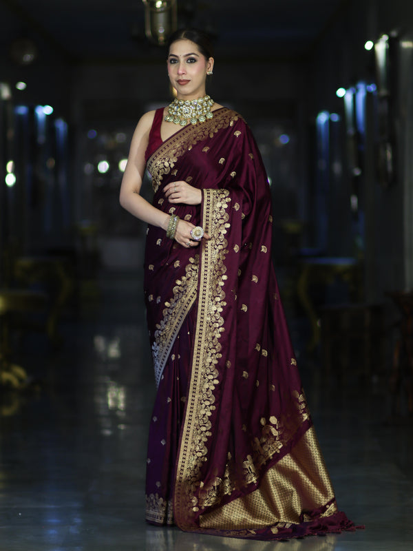 Banarasee Mashru Silk Saree With Zari Embroidery & Floral Border-Wine