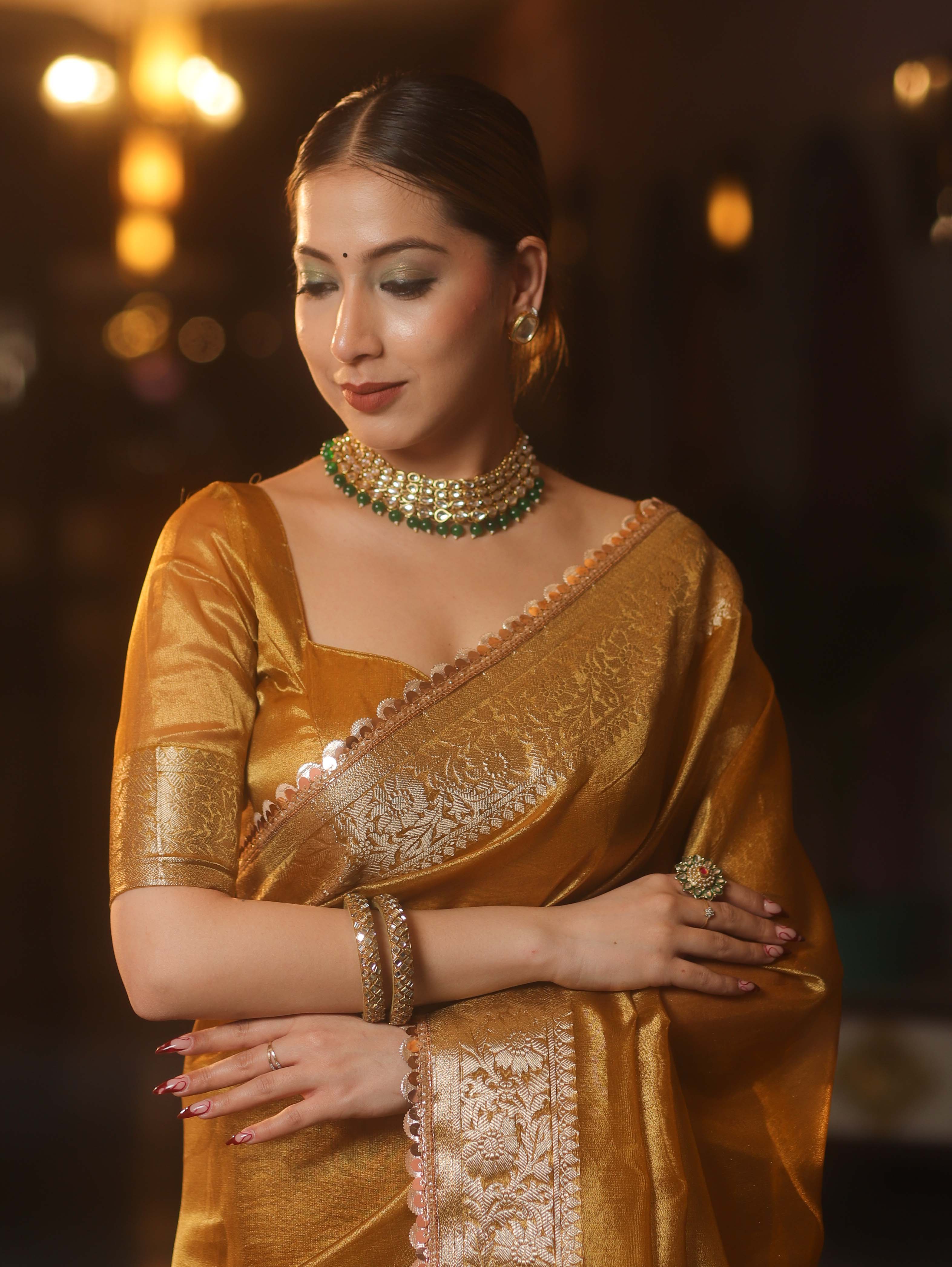 Banarasee Handwoven Plain Tissue Saree With Zari Border & Lace-Gold
