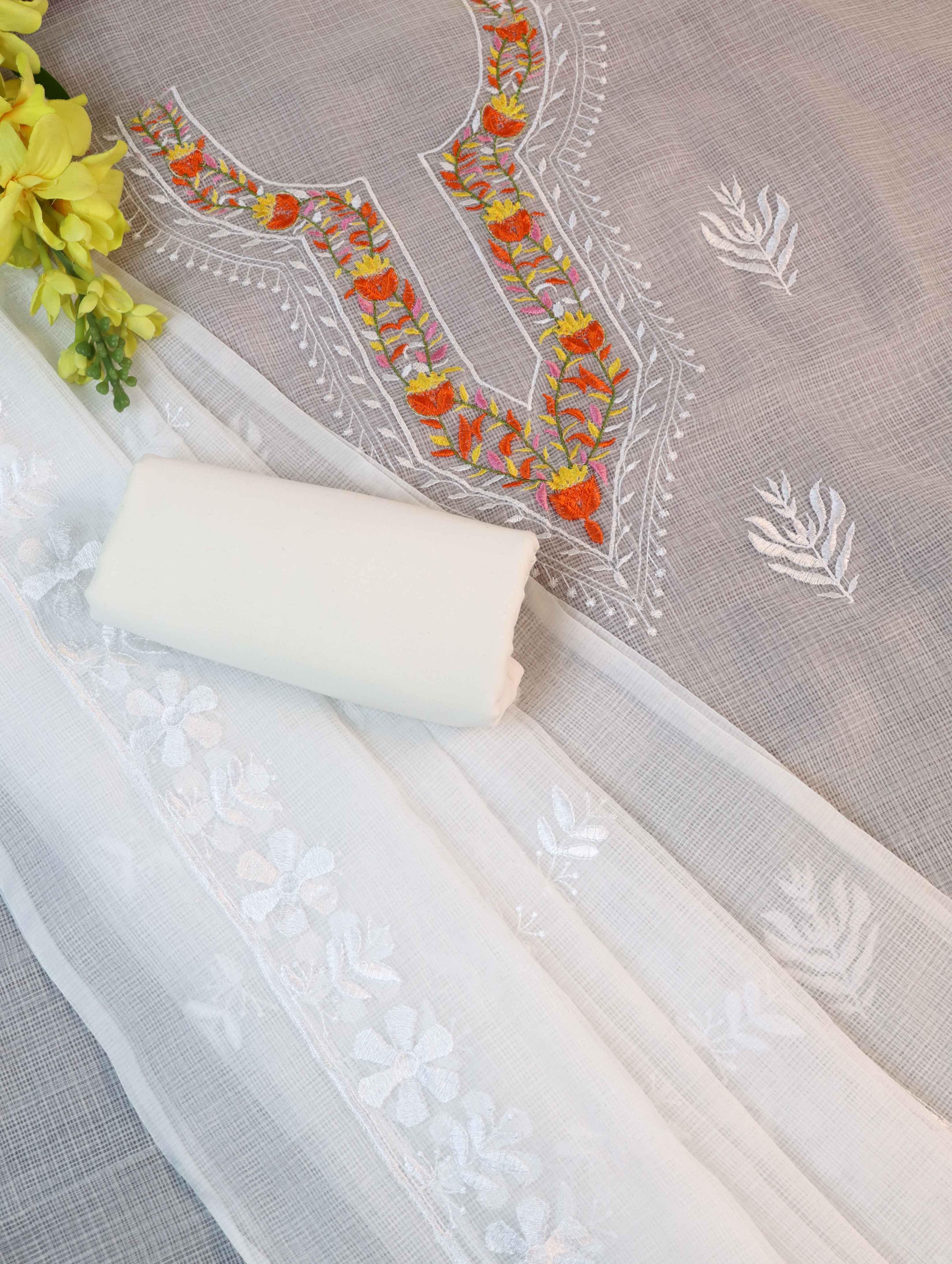Banarasee Kota Doria Hand-Embroidered Salwar Kameez Dupatta Set-White