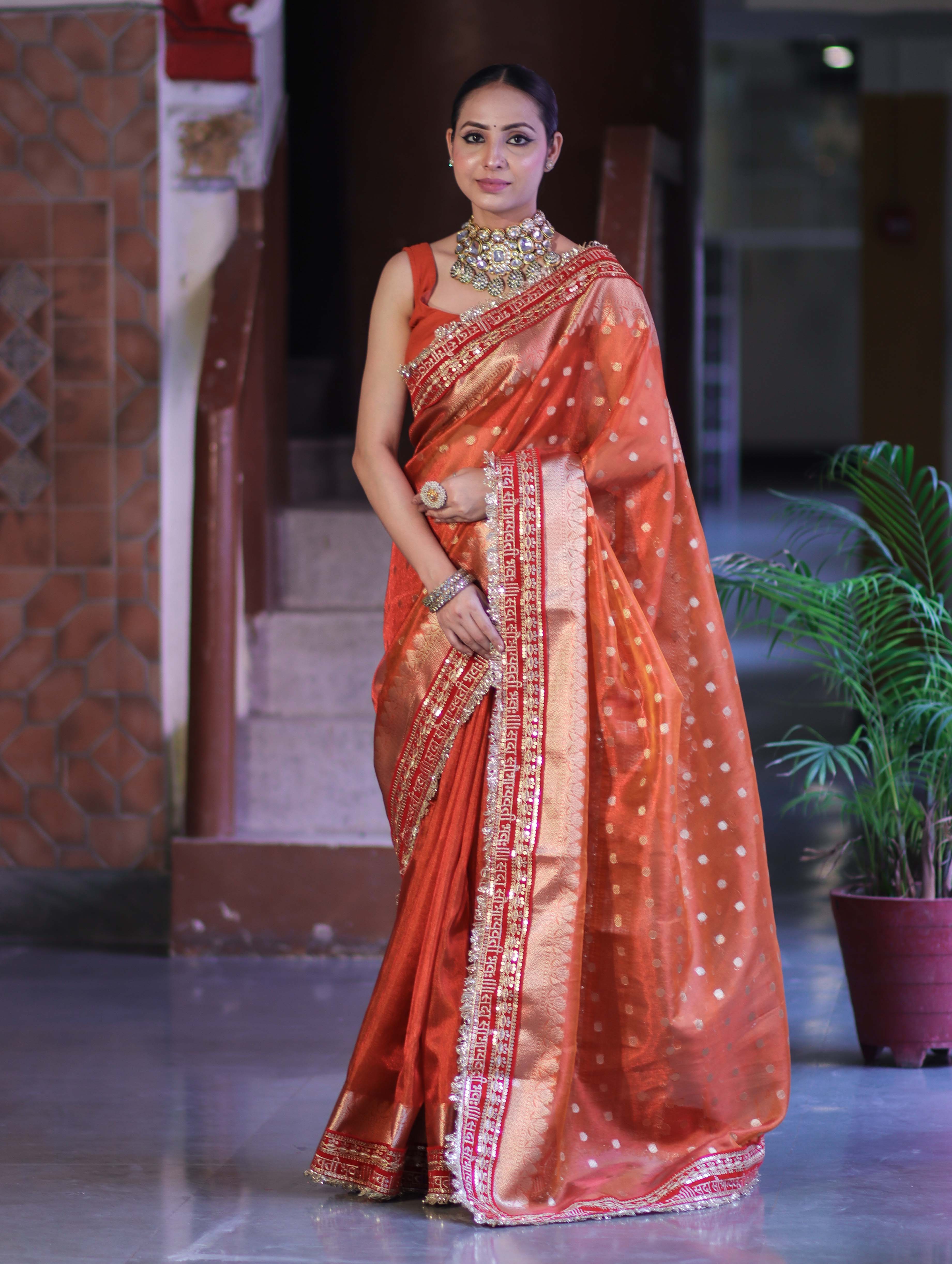 Banarasee Handloom Tissue (Saubhagyavati Bhava) Lace Saree With Buti Design Border & Lace-Rust