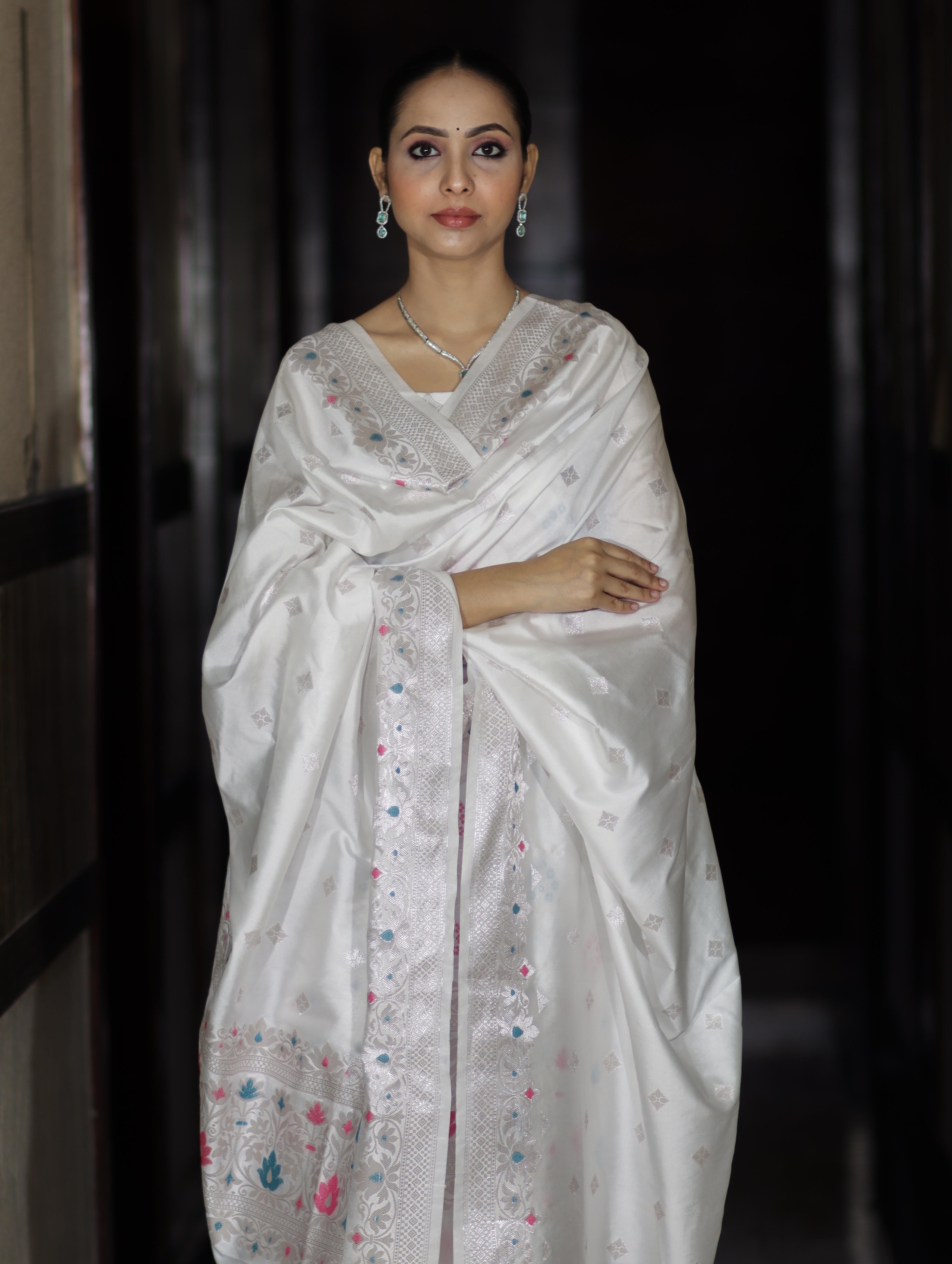 Banarasee Semi-Silk Silver Zari Work Salwar Kameez Fabric With Dupatta Set-White