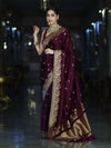 Banarasee Mashru Silk Saree With Zari Embroidery & Floral Border-Wine
