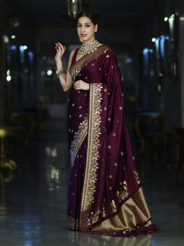 Banarasee Mashru Silk Saree With Zari Embroidery & Floral Border-Wine