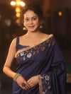 Banarasee Handwoven Semi Silk Plain Saree With Zari Border & Lace-Blue