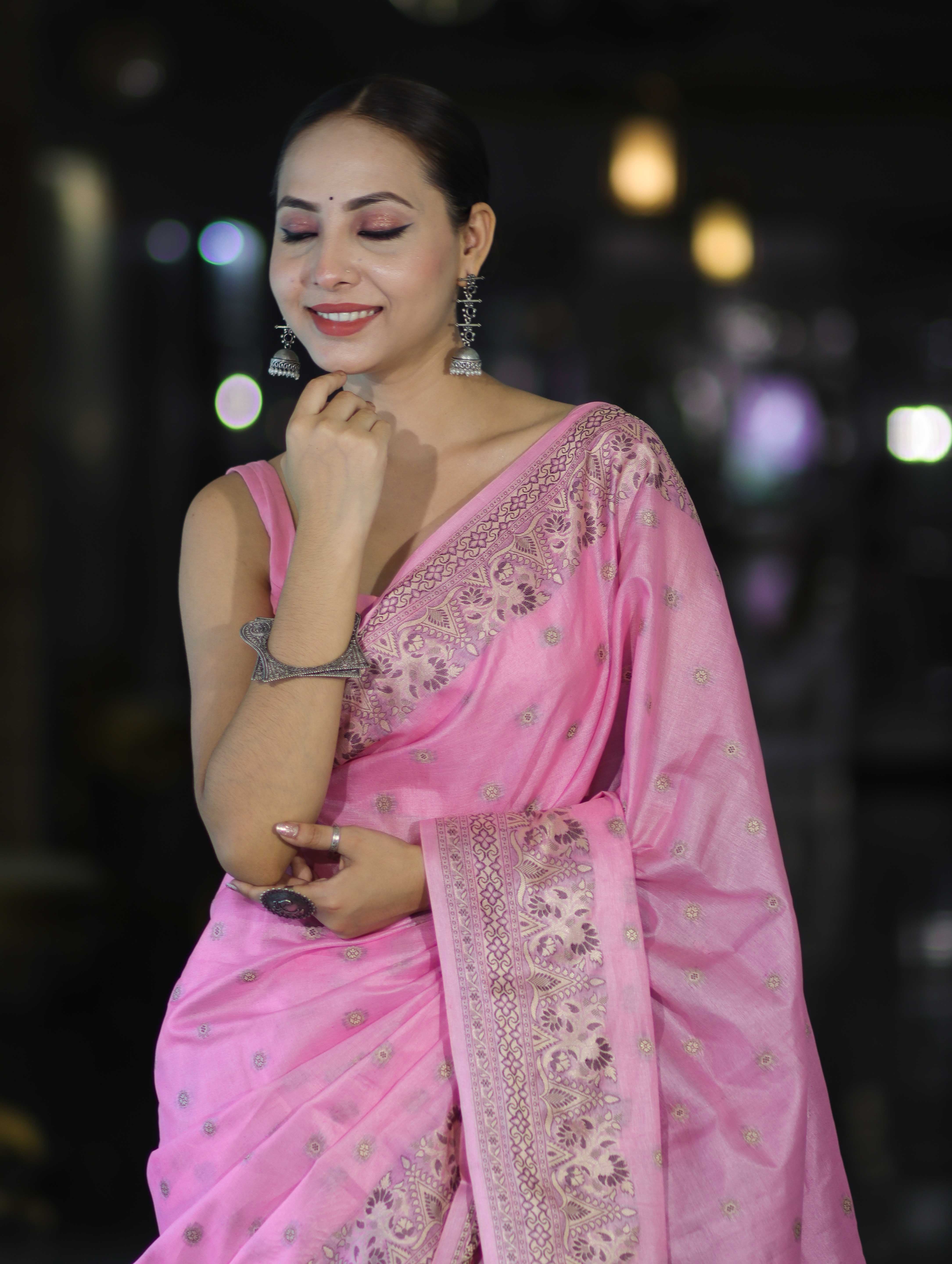 Banarasee Handwoven Pure Tussar Saree With Woven Resham Design-Light Pink