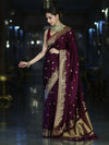 Banarasee Mashru Silk Saree With Zari Embroidery & Floral Border-Wine