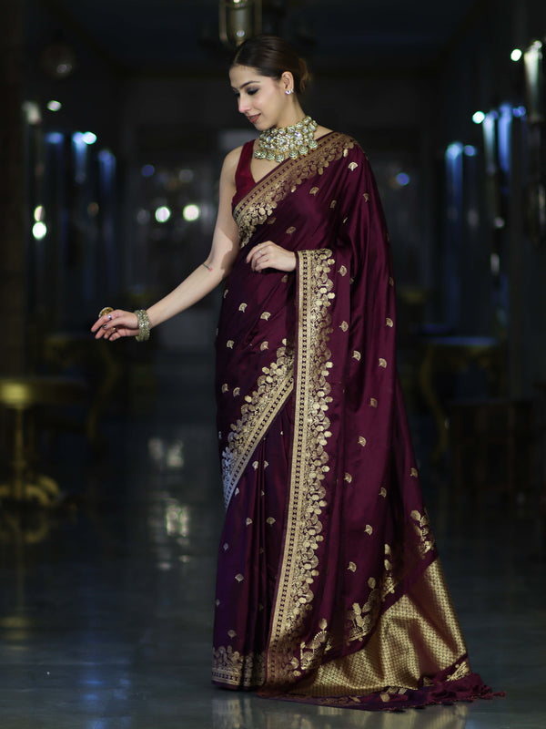 Banarasee Mashru Silk Saree With Zari Embroidery & Floral Border-Wine