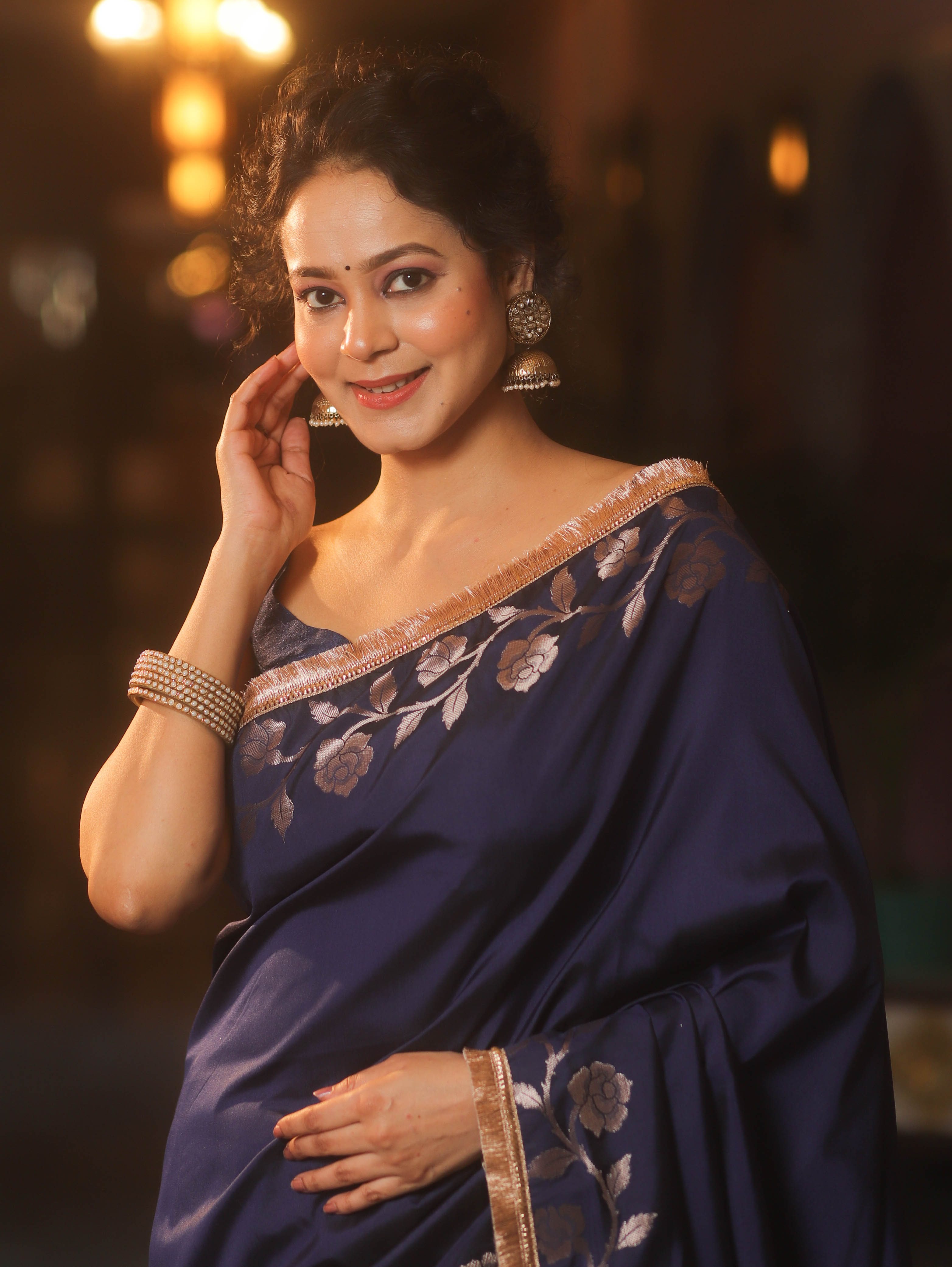 Banarasee Handwoven Semi Silk Plain Saree With Zari Border & Lace-Blue