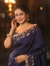 Banarasee Handwoven Semi Silk Plain Saree With Zari Border & Lace-Blue