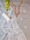 Banarasee Kota Doria Hand-Embroidered Salwar Kameez Dupatta Set-White
