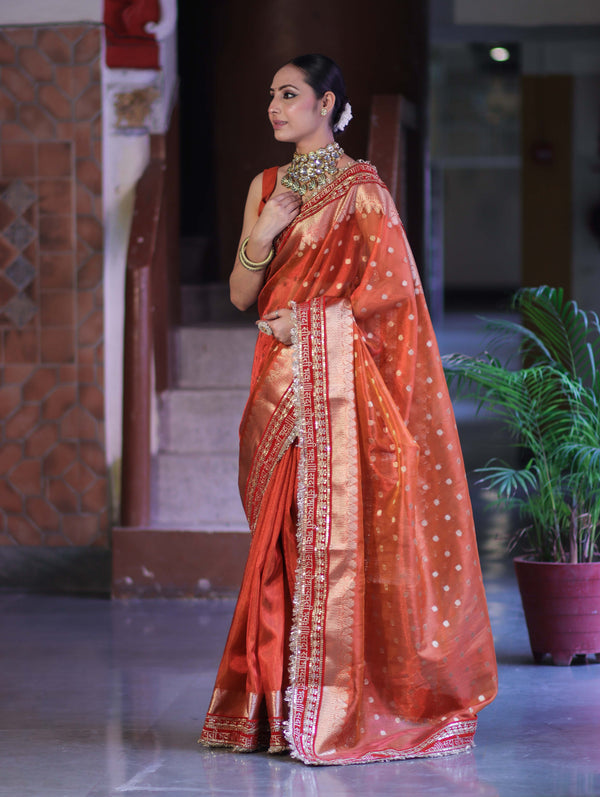Banarasee Handloom Tissue (Saubhagyavati Bhava) Lace Saree With Buti Design Border & Lace-Rust