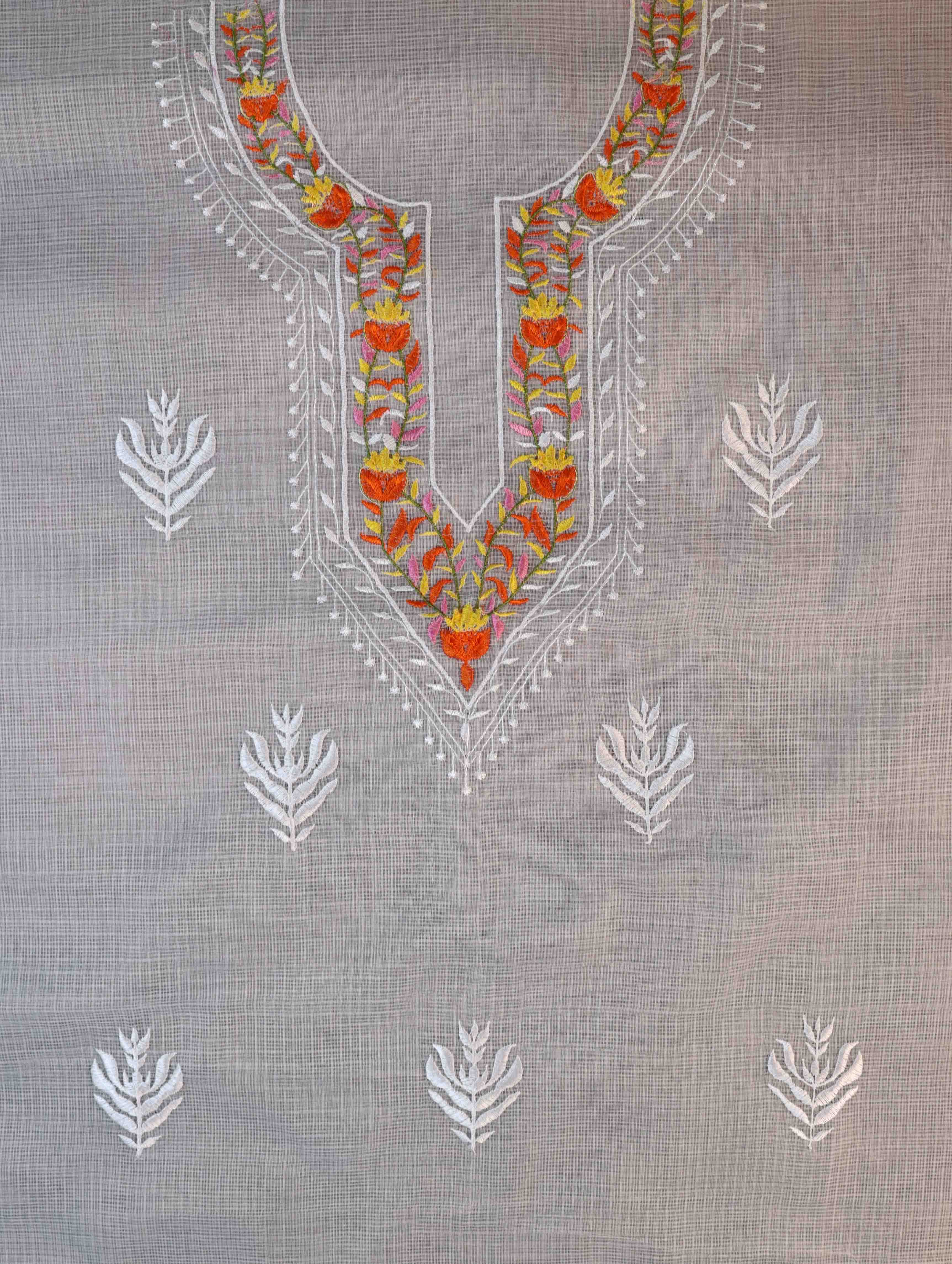 Banarasee Kota Doria Hand-Embroidered Salwar Kameez Dupatta Set-White