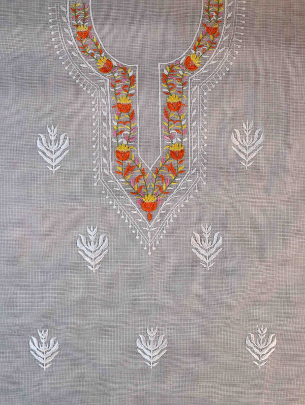Banarasee Kota Doria Hand-Embroidered Salwar Kameez Dupatta Set-White