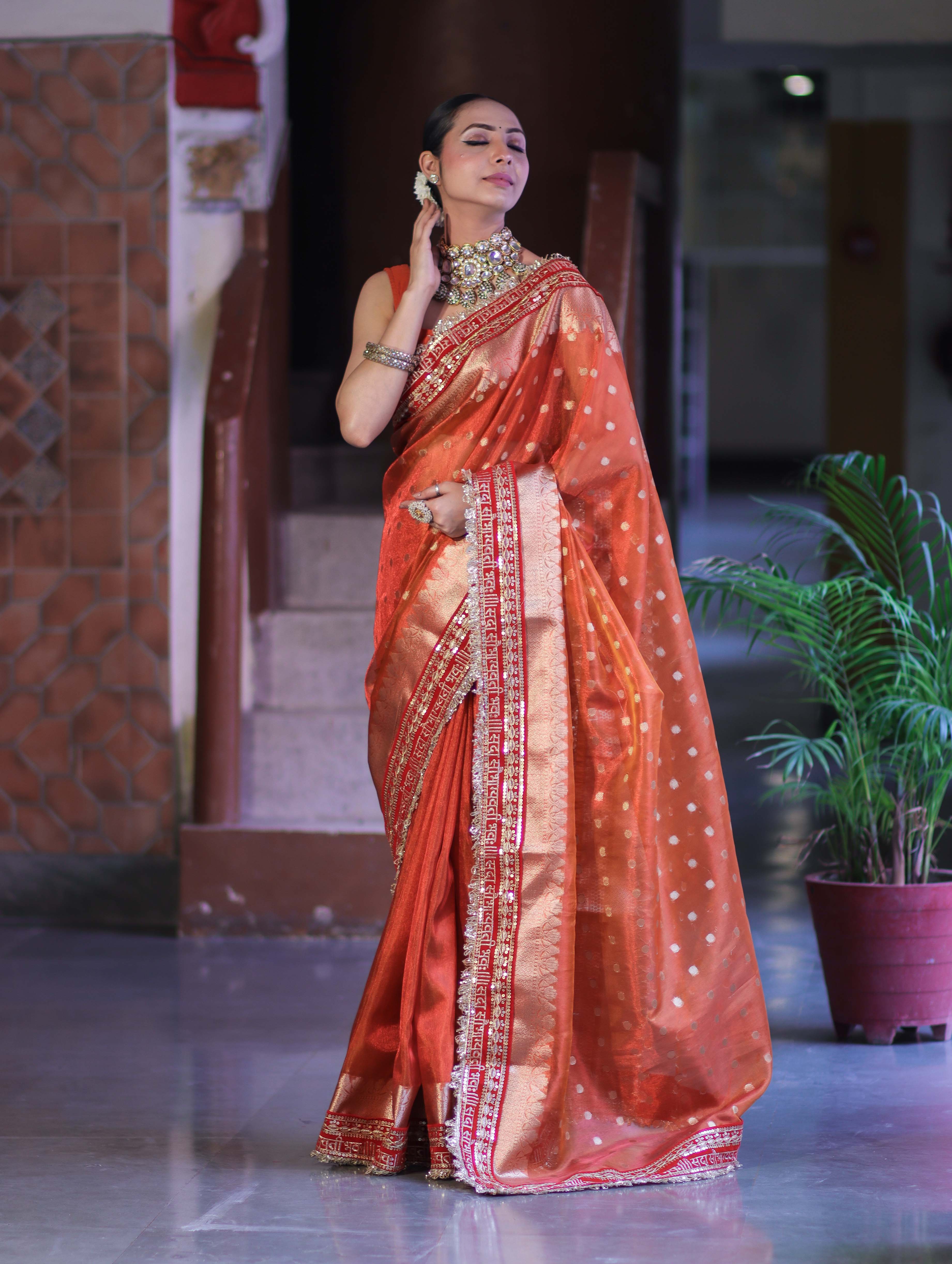 Banarasee Handloom Tissue (Saubhagyavati Bhava) Lace Saree With Buti Design Border & Lace-Rust