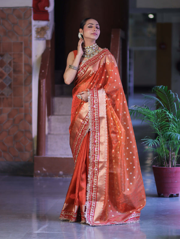Banarasee Handloom Tissue (Saubhagyavati Bhava) Lace Saree With Buti Design Border & Lace-Rust