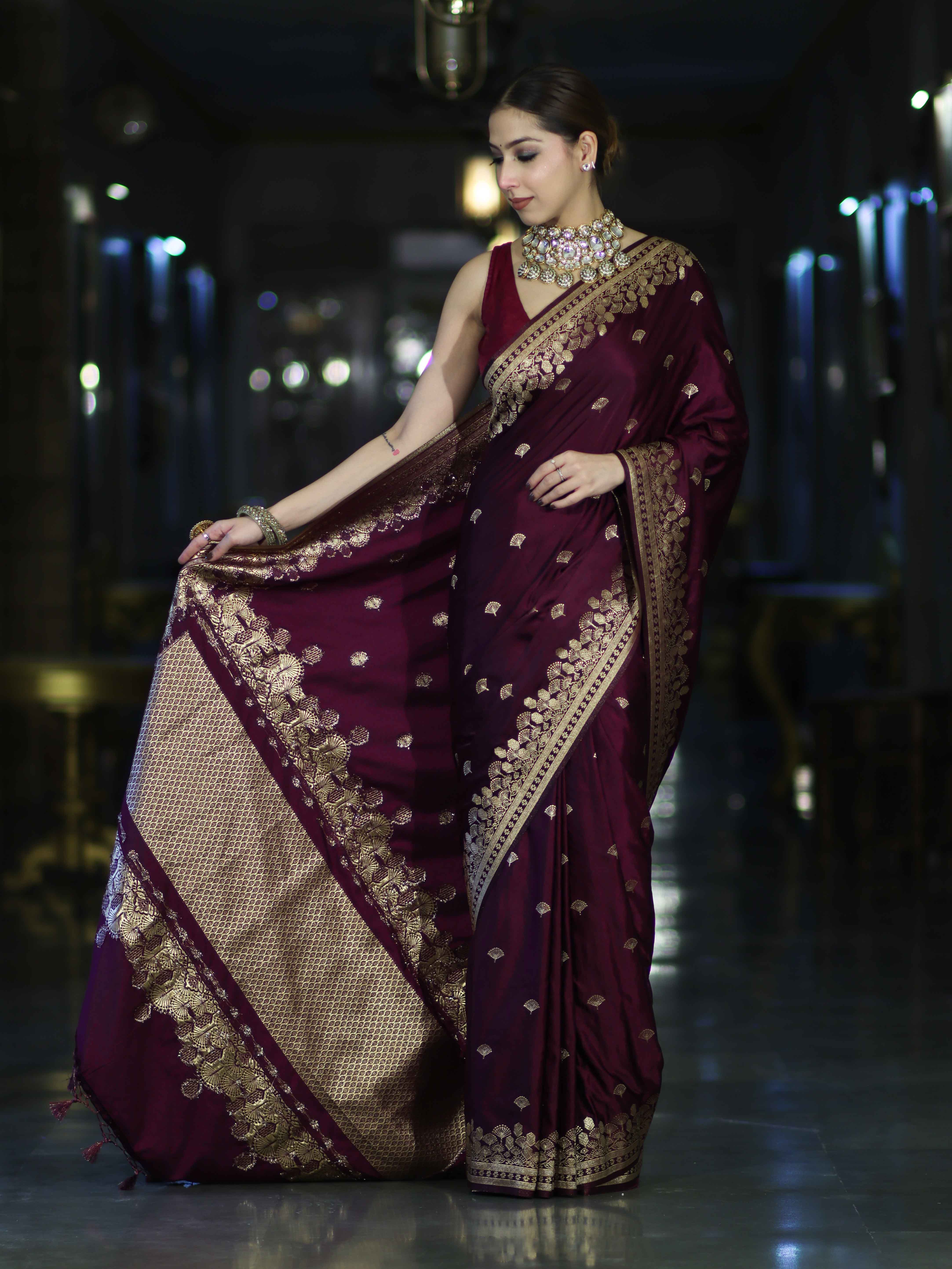 Banarasee Mashru Silk Saree With Zari Embroidery & Floral Border-Wine
