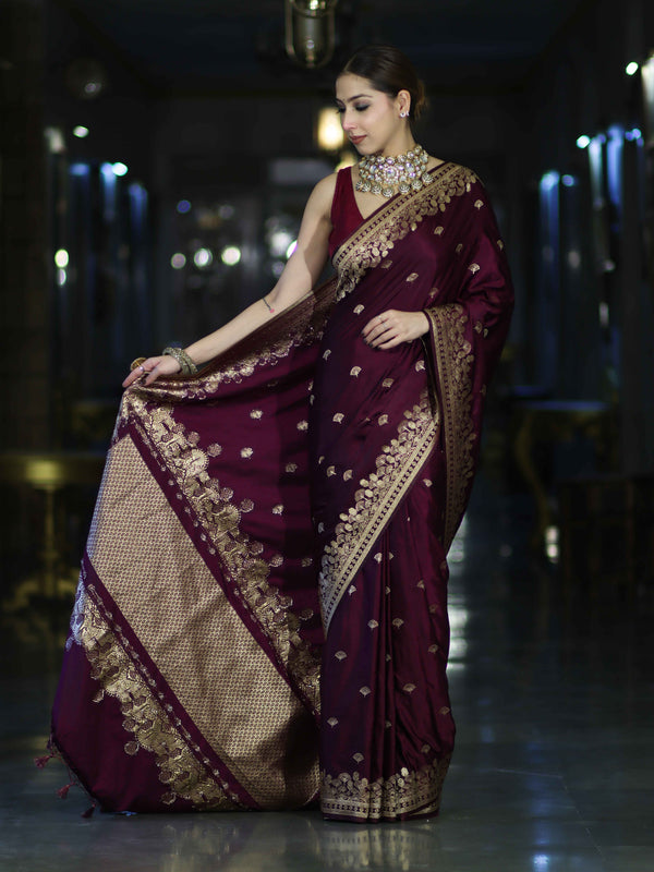 Banarasee Mashru Silk Saree With Zari Embroidery & Floral Border-Wine