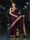 Banarasee Mashru Silk Saree With Zari Embroidery & Floral Border-Wine