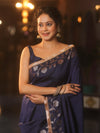 Banarasee Handwoven Semi Silk Plain Saree With Zari Border & Lace-Blue
