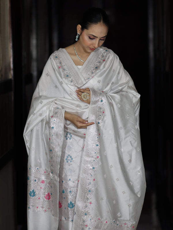 Banarasee Semi-Silk Silver Zari Work Salwar Kameez Fabric With Dupatta Set-White