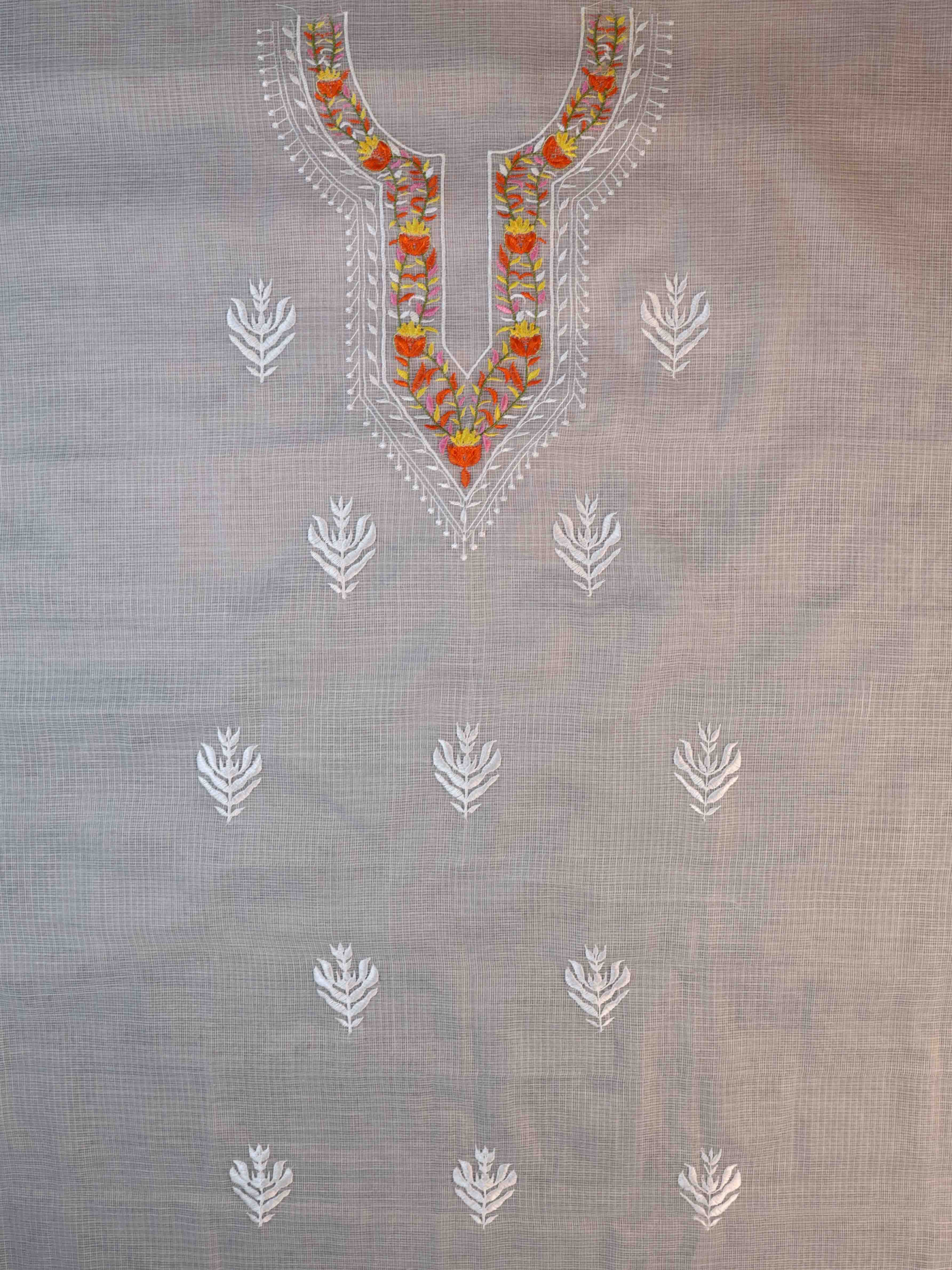 Banarasee Kota Doria Hand-Embroidered Salwar Kameez Dupatta Set-White